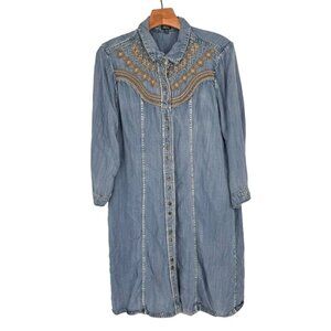 Reba Denim Embroidered Western Shirt Dress size Medium Tencel Snap Button